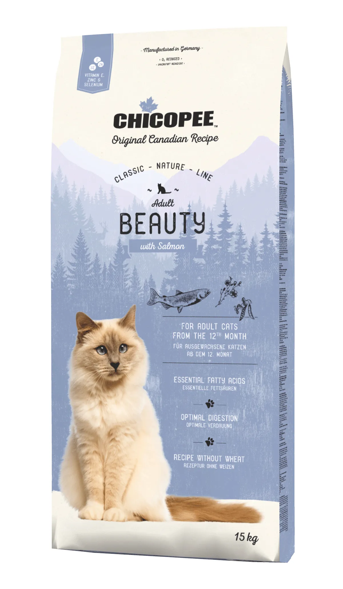 Chicopee Classic Nature Line Adult Beauty - Премиум суха храна за израснали котки, за красива козина с пилешко и сьомга, 15 кг.