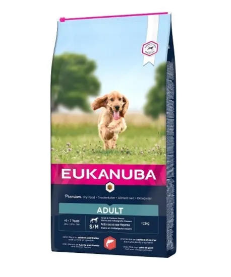 Eukanuba Dog Adult Small/ Medium Salmon - Пълноценна суха храна за израснали кучета от дребни и средни породи със сьомга, 12 кг.