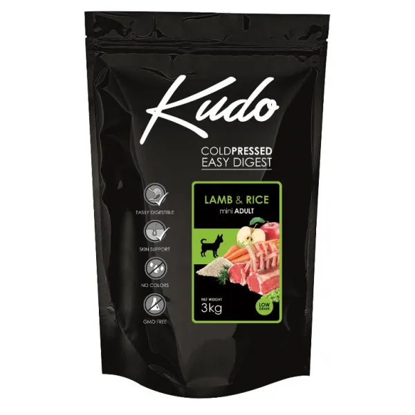Kudo Low Grain Lamb - Rice Mini Adult - Суха храна за кучета с агнешко месо и ориз за мини породи над 1 година, 3 кг.
