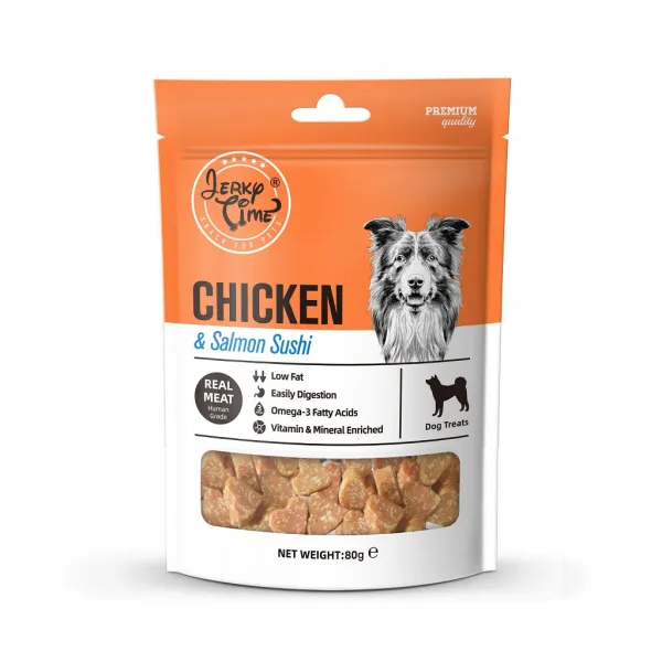 Jerky Time Chicken & Salmon Bites - Премиум лакомство за кучета с истински хапки пилешко месо и сьомга, годно за човешка консумация, 80 гр./ 2 броя
