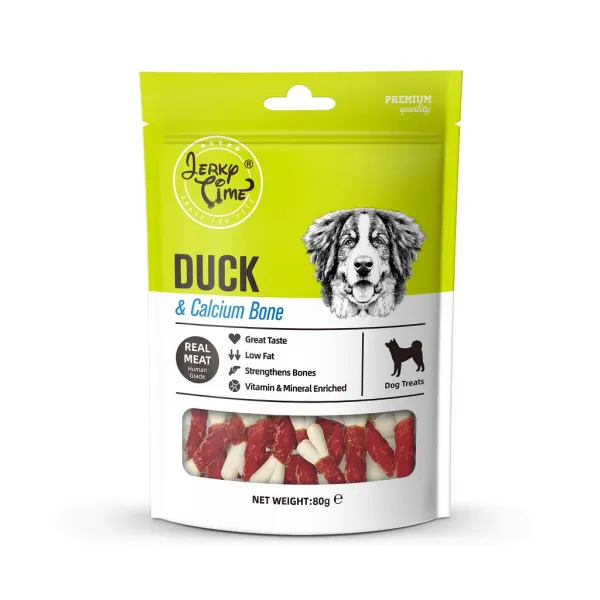 Jerky Time Duck & Calcium Bone - Премиум лакомство за кучета с истински калциеви кокалчета с патешко месо , годно за човешка консумация, 80 гр./ 2 броя