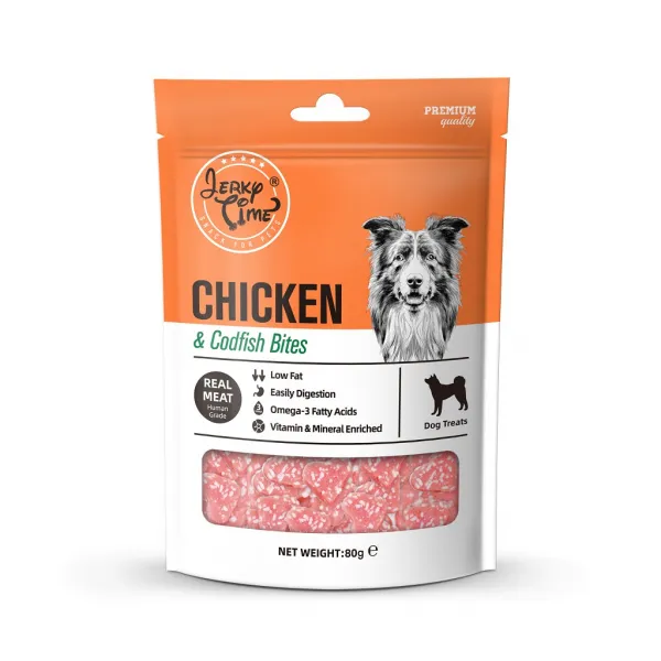 Jerky Time Chicken & Codfish Bites - Премиум лакомство за кучета, хапки с истинско пилешко месо и риба треска, годно за човешка консумация, 80 гр./ 2 броя