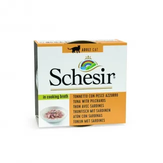 Schesir Tonnetto - Премиум консервирана храна за израснали котки с риба тон и сардини в бульон, 70 гр./3 броя