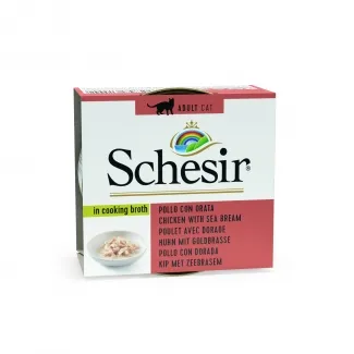 Schesir Chicken Fillets with Gilthead - Премиум консервирана храна за израснали котки, пиле с ципура в бульон, 70 гр./3 броя