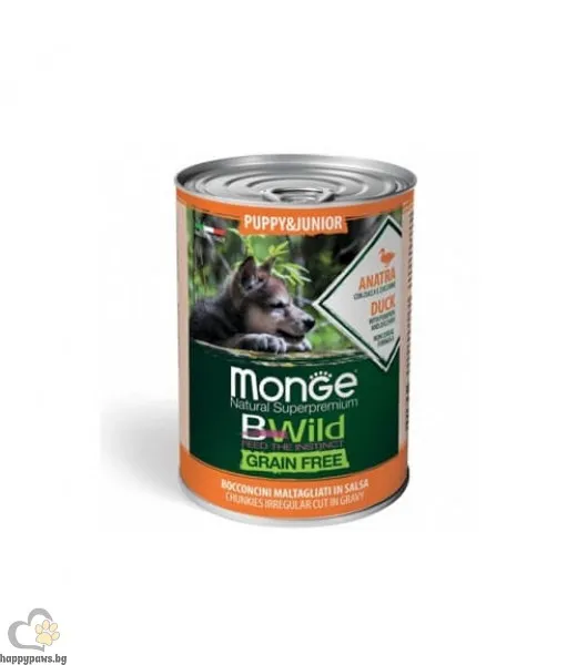 Monge Dog Bwild Grain Free Puppy - Пълноценна и балансирана мокра храна за подрастващи кученца, без зърно, с патешко месо, тиква и зеленчуци, 400 гр./3 броя