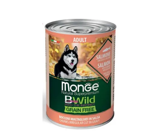 Monge Dog Bwild Grain Free Salmon - Пълноценна и балансирана мокра храна за кучета в зряла възраст, без зърно, със сьомга, 400 гр./ 3 броя