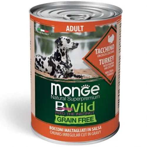 Monge BWILD Grain Free – Turkey with Pumpkin and Zucchini – Adult - Пълноценна и балансирана мокра храна за кучета в зряла възраст, без зърно, с пуешко месо,тиква и тиквички, 400 гр./3 броя