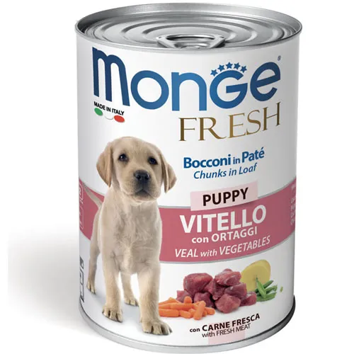 Monge Fresh Dog Puppy - Пълноценна и балансирана мокра храна за подрастващи кученца с телешко месо и зеленчуци, 400 гр.