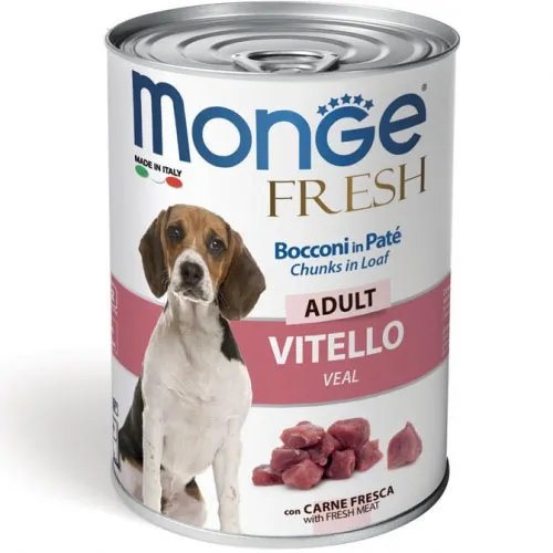 Monge Fresh Dog Adult Chunks in Loaf with Veal - Пълноценна и балансирана мокра храна за кучета в зряла възраст, вкусни хапки в пастет с телешко, 400 гр./ 3 броя