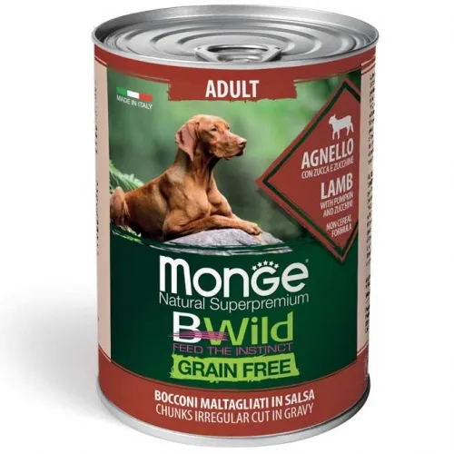 Monge BWILD Grain Free – Lamb with Pumpkin and Zucchini – Adult - мокра храна с агнешко с тиква и тиквички,без зърно ,пълноценна и балансирана храна за кучета в зряла възраст, 400 гр./ 3 броя