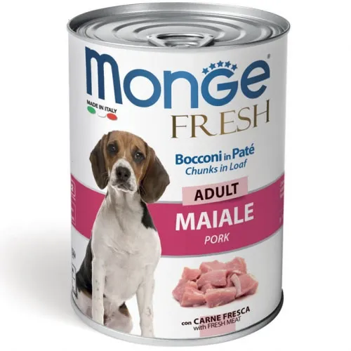 Monge Fresh Dog Adult Chunks - Консервирана храна със свинско – хапки в пастет за кучета в зряла възраст, 400 гр./ 3 броя