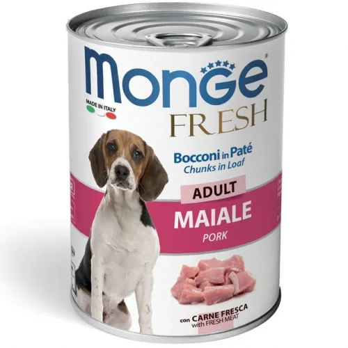 Monge Fresh Dog Adult Chunks - Консервирана храна със свинско – хапки в пастет за кучета в зряла възраст, 400 гр./ 3 броя