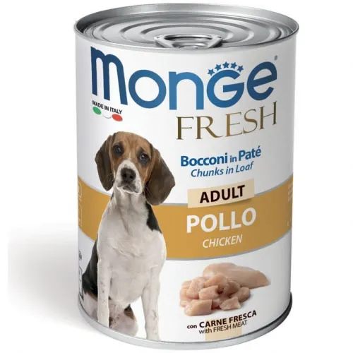 Monge Fresh Dog Adult Chunks in Loaf with Chicken - Консервирана храна за израснали кучета, вкусни пилешки хапки в пастет, 400 гр./ 3 броя