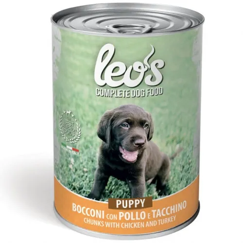 Monge Leo’s Chunks with Chicken and Turkey Puppy - Пълноценна мокра храна за подрастващи кученца, хапки с пилешко и пуешко месо,415 гр./5 броя