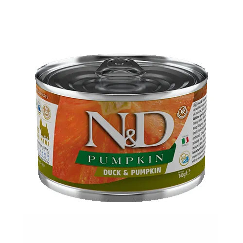 Farmina N&D Duck & Pumpkin Dog Mini - Пълноценна консервирана храна за кучета в зряла възраст от мини породи с патешко месо и тиква, 140 гр./2 броя