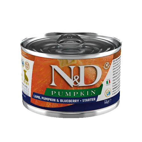 N&D Pumpkin Dog Lamb & Blueberry Starter Mini - Пълноценна консервирана храна за подрастващи кученца до възраст от 2 месеца от мини породи, с агнешко месо и боровинки, 140 гр./2 броя