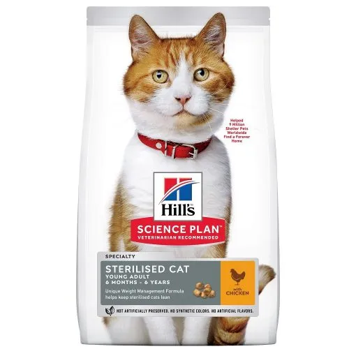 Hill’s Science Plan Sterilized Cat Young Adult - Пълноценна суха храна за израснали кастрирани котки с пилешко месо. 1.5 кг 1