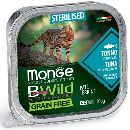 Monge Natural Superpremium BWild Grain Free Sterilised Cat Tuna with vegetables - Премиум пастет за израснали кастрирани котки, без зърно, с риба тон и зеленчуци, 100 гр./5 броя