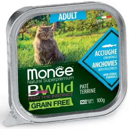 Monge Natural Superpremium BWild Grain Free Adult - Премиум пастет за израснали котки, без зърно , с аншоа и зеленчуци, 100 гр./ 5 броя