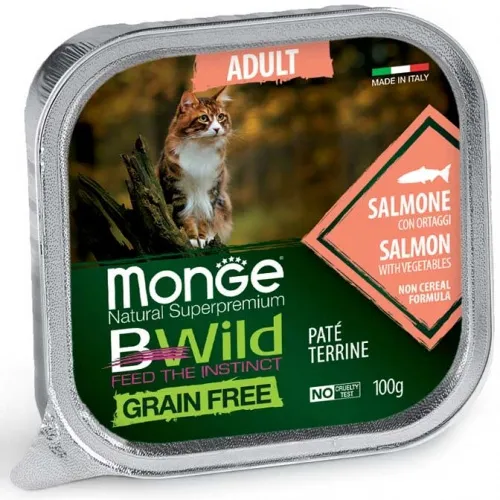 Monge Natural Superpremium BWild Grain Free Adult Salmon - Премиум пастет за израснали котки, без зърно , със сьомга и зеленчуци, 100 гр./ 5 броя