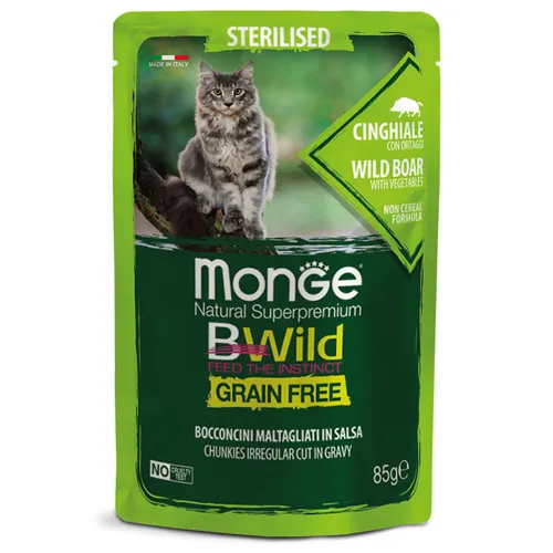 Monge Natural Superpremium BWild Grain Free Sterilised Cat - Премиум пауч за кастрирани израснали котки, без зърно, с хапки глиганско месо и зеленчуци в сос, 85 гр./6 броя