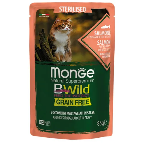 Monge Natural Superpremium BWild Grain Free Sterilised - Премиум пауч за израснали кастрирани котки, без зърно, със сьомга, скариди и зеленчуци, 85 гр./ 6 броя