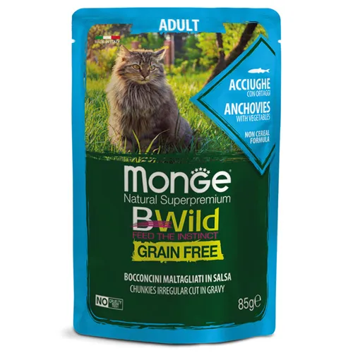 Monge Natural Superpremium BWild Grain Free Adult Cat  - Премиум пауч за израснали котки, без зърно, с аншоа и зеленчуци, 85 гр./6 броя