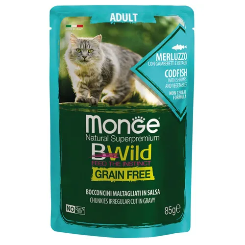 Monge Natural Superpremium BWild Grain Free Adult - Премиум пауч за израснали котки, с риба треска, скариди и зеленчуци, 85 гр./ 6 броя