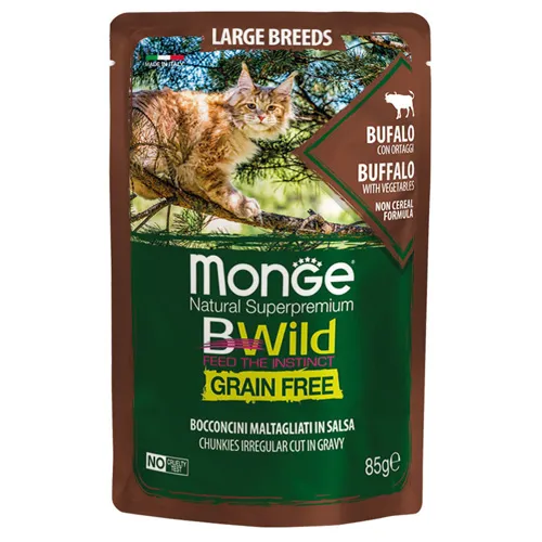 Monge Natural Superpremium BWild Grain Free All Life Stage Large Breeds - Премиум пауч за израснали котки от едри породи, без зърно, с биволско месо и зеленчуци, 85 гр./6 броя