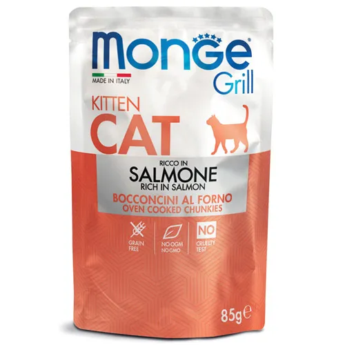 Monge Grill Kitten – Chunkies in Jelly – Salmon - Премиум пауч за подрастващи котки, вкусни хапки сьомга в желе, 85 гр.,/ 6 броя