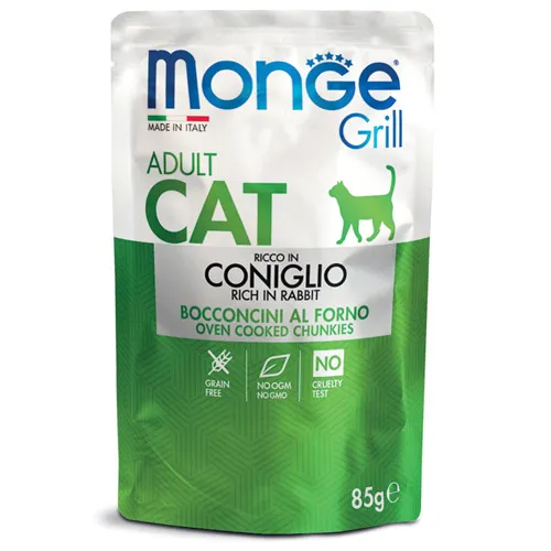 Monge Grill Adult Cat – Chunkies in Jelly – Rabbit - Премиум пауч за израснали котки, без зърно, със заешко месо в желе, 85 гр./ 6 броя