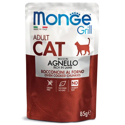 Monge Grill Adult Cat – Chunkies in Jelly – Lamb - Премиум пауч за израснали котки, без зърно, хапки агнешко месо в желе, 85 гр,/ 6 броя