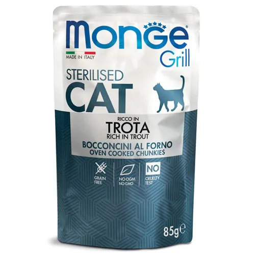 Monge Grill Sterilised Cat – Chinkies in Jelly – Trout - Премиум пауч за кастрирани израснали котки, вкусни хапки пъстърва в желе, 85 гр./ 6 броя 1