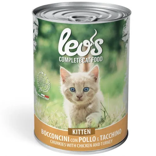 Leo’s Chunkies with Chicken and Turkey – Kitten - Пълноценна консервирана храна за подрастващи котки с пилешко и пуешко месо, 415 гр./5 броя