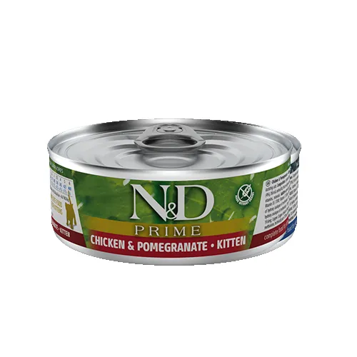N&D Prime Cat Chicken & Pomegranate Kitten - Пълноценна мокра храна за подрастващи котенца, бременни или кърмещи, с пилешко месо и нар, 80 гр./ 3 броя