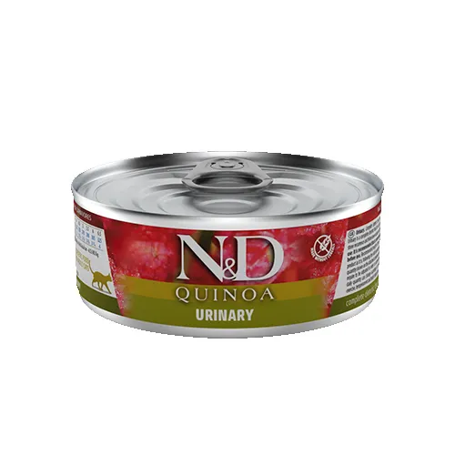 N&D Quinoa Cat Urinary - Пълноценна мокра диетична храна за котки в зряла възраст за намаляване на повторната поява на струвити камъни и заболявания на долните пикочни пътища, 80 гр. / 3 броя