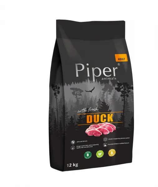 Piper Super Premium Duck Adult - Пълноценна суха храна за израснали кучета със свежо патешко месо, витамин Е и Селен за здрав имунитет, 12 кг.