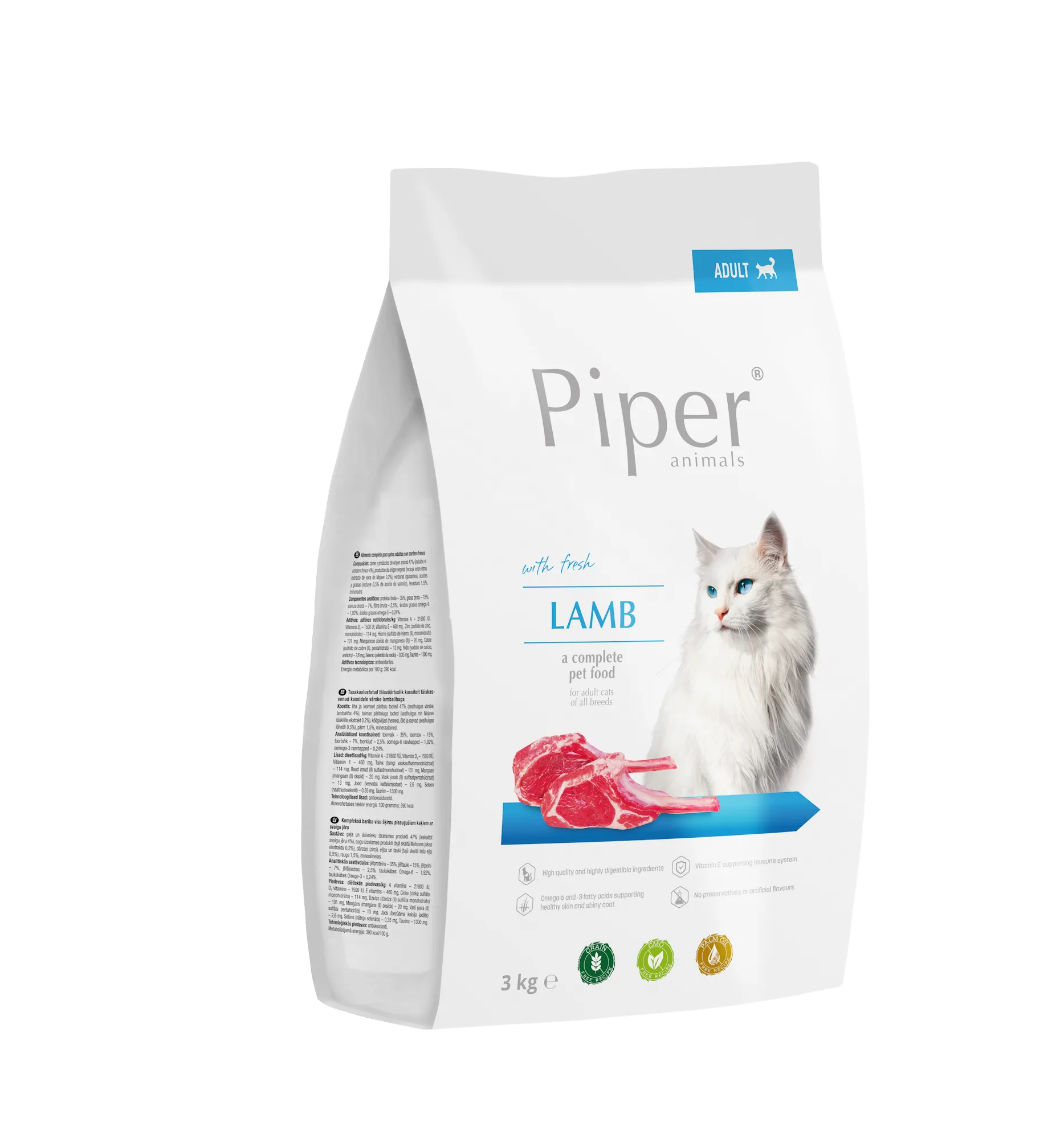 Piper Cat Lamb Adult - Гранулирана храна за израснали котки, без зърно, с прясно агнешко месо, омега 3 и омега 6,  3 кг.