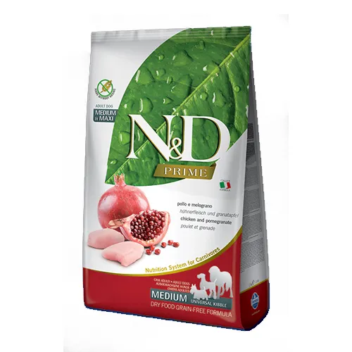 N&D PRIME Adult Medium&Maxi Chicken&Pomegranate – Пълноценна суха храна за кучета в зряла възраст от средни и едри породи, без зърно, с пилешко месо и нар, 12 кг.