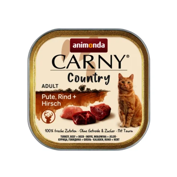 Animonda Carny Country Adult Cat - Премиум пълноценна храна с прясно домашно месо за израснали котки с говеждо, пуешко и еленско месо, 100 гр./4 броя