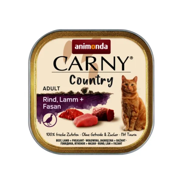 Animonda Carny Country Adult Cat - Премиум пълноценна храна с прясно домашно месо за израснали котки с говеждо месо, агнешко и фазан, 100 гр./4 броя