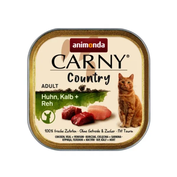 Animonda Carny Country Adult Cat - Премиум пълноценна храна с прясно домашно месо за израснали котки с пилешко, телешко и еленско месо, 100 гр./4 броя