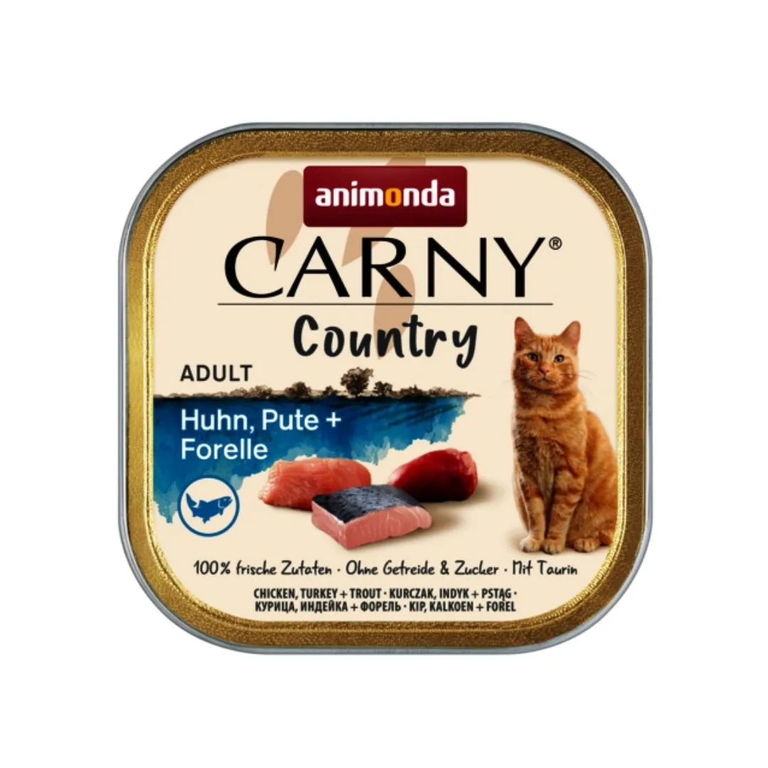 Animonda Carny Country Adult Cat - Премиум пълноценна храна с прясно домашно месо за израснали котки с пилешко, пуешко месо и пъстърва, 100 гр./4 броя