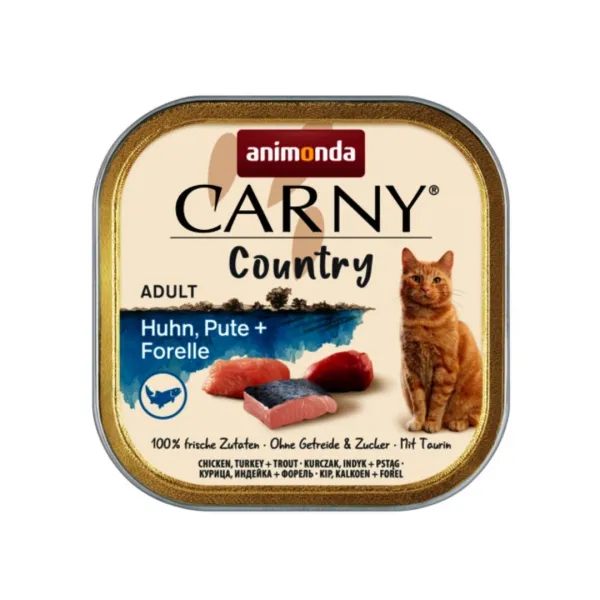 Animonda Carny Country Adult Cat - Премиум пълноценна храна с прясно домашно месо за израснали котки с пилешко, пуешко месо и пъстърва, 100 гр./4 броя