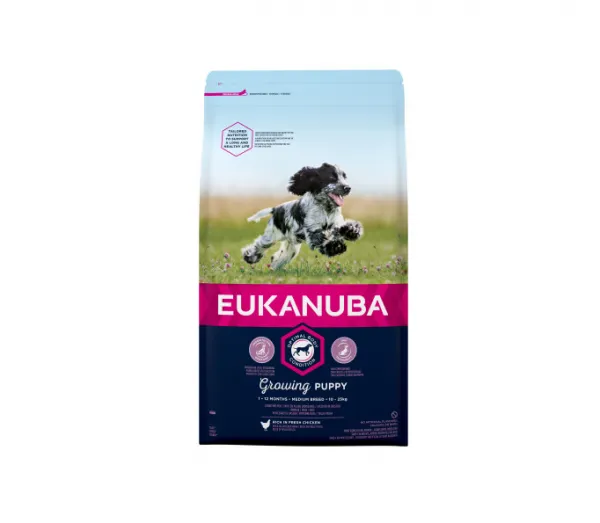 Eukanuba Dog Puppy Medium - Пълноценна суха храна за подрастващи кучета от средни породи с пилешко месо, 15 кг.