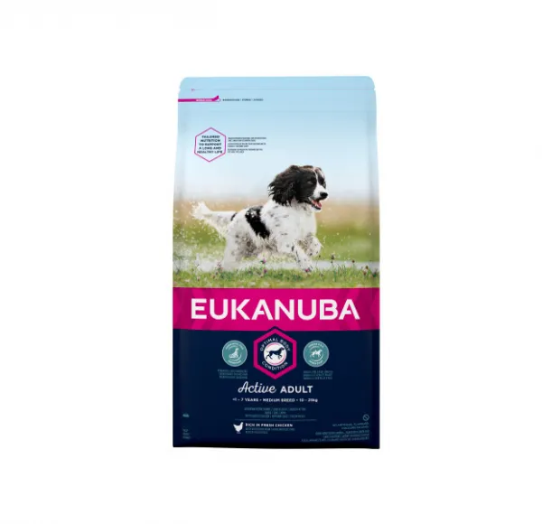 Eukanuba Adult Medium Breed - Пълноценна суха храна за изранали кучета от средни породи с пилешко месо, 15 кг.