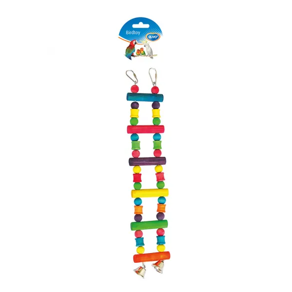 Duvo - Играчка за папагали и други птици, цветна дървена стълбичка с камбанки, 35 см.