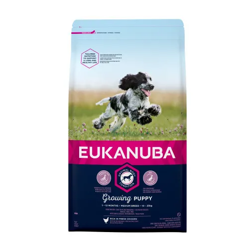Eukanuba Puppy Medium - Пълноценна суха храна за подрастващи кучета средни породи с пилешко и пуешко месо, 3 кг.