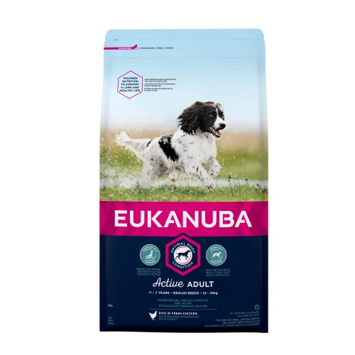 Eukanuba Adult Medium - Пълноценна суха храна за израснали кучета от средни породи с пилешко и пуешко месо, 12 кг.