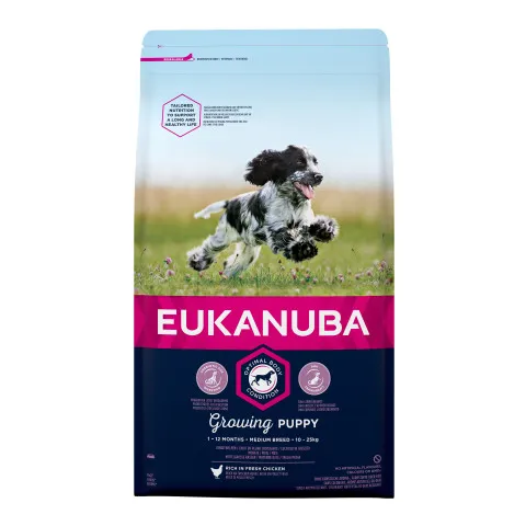 Eukanuba Puppy Medium Breed - Пълноценна суха храна за подрастващи кучета от средни породи, с пилешко и пуешко месо, 15 кг. 1